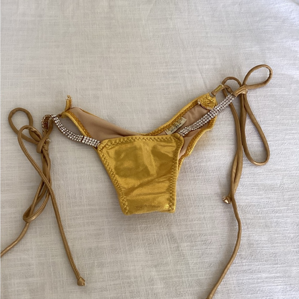 Ravish Sands Gold Metallic Bikini Bottom Crystal Tie Side No Size